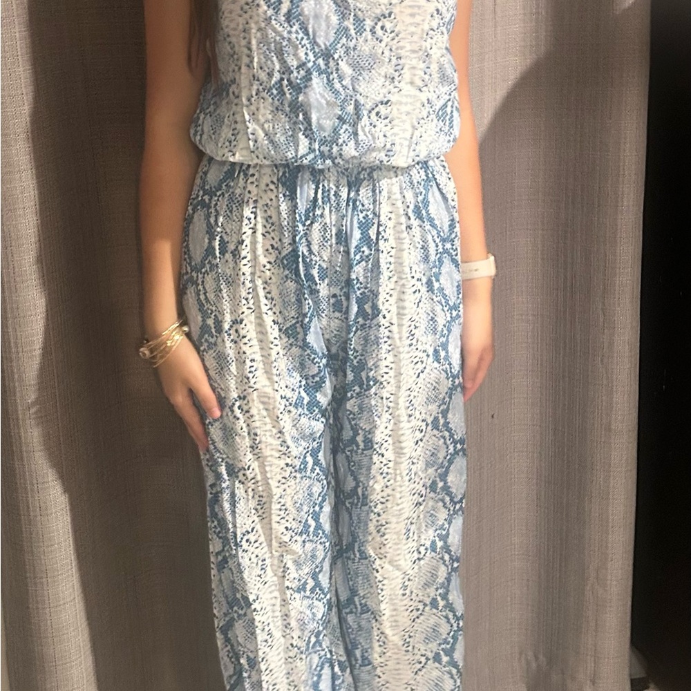 Lani Lau Blue and White Sleeveless Jumpsuit
